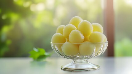 Wall Mural - Honeydew melon balls in a clear glass dish, with a soft focus background.