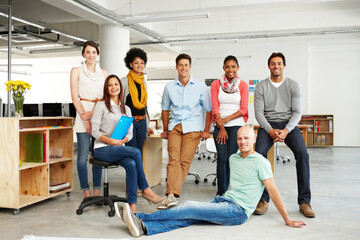 Aufkleber - Team, portrait and startup in office for diversity, support or solidarity with inclusion at company. Business people, men and women for smile, staff or together with pride in group at creative agency
