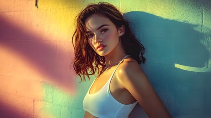 Wall Mural - Woman in White Sleeveless Top: A woman in a white sleeveless top, posing against a pastel-colored wall with soft shadows.
