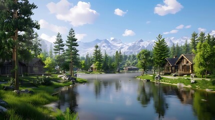 Sticker - A serene lakeside scene with cabins surrounded by lush greenery and mountains in the background.