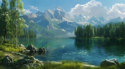 Sticker - A serene landscape featuring a tranquil lake surrounded by mountains and lush greenery under a clear sky.