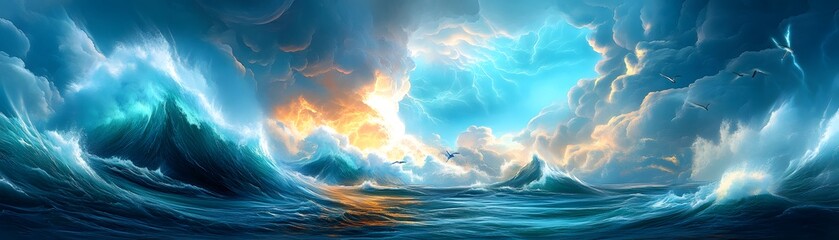 Poster - Dramatic Seascape with Stormy Clouds and Birds.