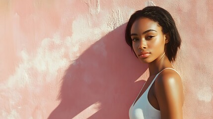 Wall Mural - Woman in White Sleeveless Top: A woman in a white sleeveless top, posing against a pastel-colored wall with soft shadows.
