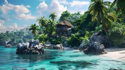 Sticker - A serene tropical beach scene with a house surrounded by lush greenery and clear blue water.