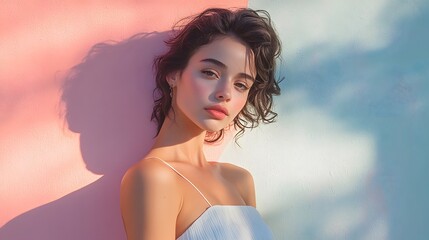 Wall Mural - Woman in White Sleeveless Top: A woman in a white sleeveless top, posing against a pastel-colored wall with soft shadows.
