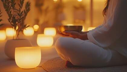 peaceful meditation with tibetan singing bowl at sunset