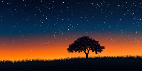 A lone tree silhouetted standing on a hill at sunset with starry sky background