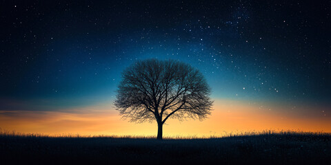 Wall Mural - Fantastical night sky full of glistening stars Lonely tree standing on a hill at sunset 