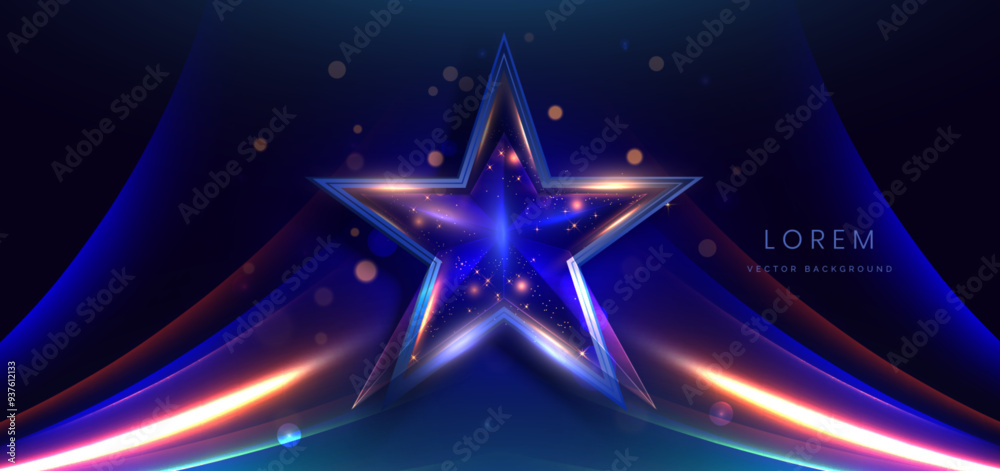 Blue star glowing blue neon with curved light lines and sparkle on dark ...