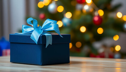 Wall Mural - A navy blue gift box with a blue ribbon and bow, placed on a wooden surface in front of a blurred Christmas tree with colorful lights