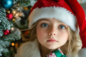 Wall Mural - A little girl in a santa hat holding a present in front of a Christmas tree