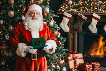 Canvas Print - A man dressed as Santa Claus holding a present in front of a Christmas tree