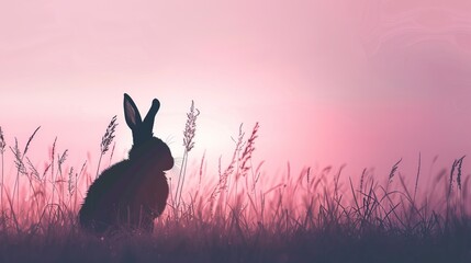 Silhouette of a rabbit in a serene sunset landscape surrounded by soft pastel colors and gentle light creating a peaceful and calming scene in nature