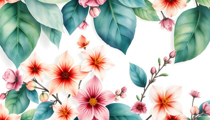 Wall Mural - Watercolor painting of leaf and flowers, seamless pattern isolated with white highlights, png