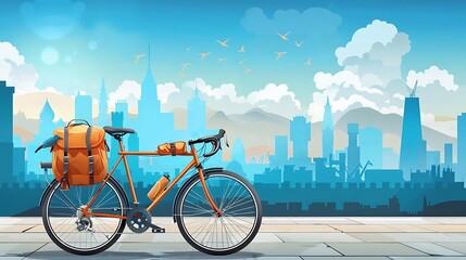 Poster - A vibrant cityscape featuring a bicycle with a backpack, symbolizing travel and adventure.