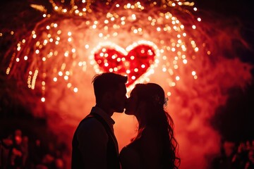 Wall Mural - Bride and groom kissing under fireworks heart at night wedding