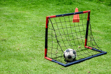 Soccer ball in goal net on green grass field with red cones