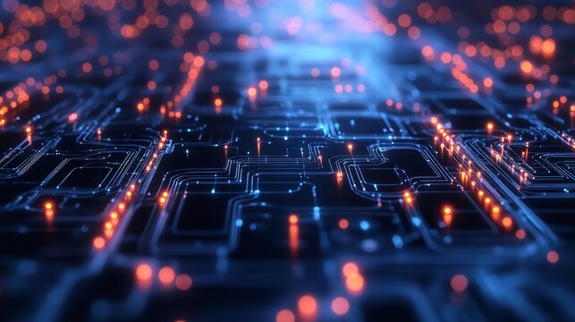 Futuristic circuit board and processor representing artificial intelligence, technology, and digital computing with abstract glowing lights.