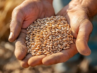 Closeup of wheat grain spilling from a farmer s hand, Main keyword wheat, Concept the fruits of labor