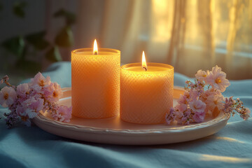 Poster - A decorative tray with candles and trinkets, isolated on a pastel yellow background, symbolizing organized elegance,
