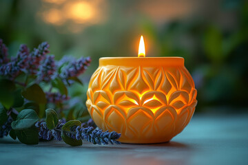 Poster - A candle holder with intricate design, isolated on a pastel yellow background, symbolizing the elegance of candlelight,