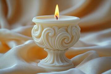 Poster - A candle holder with intricate design, isolated on a pastel yellow background, symbolizing the elegance of candlelight,
