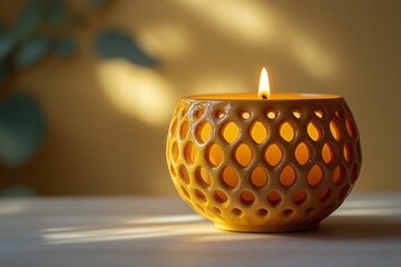 Poster - A candle holder with intricate design, isolated on a pastel yellow background, symbolizing the elegance of candlelight,