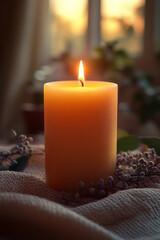Poster - A flickering candle, isolated on a pastel cream background, capturing the warm glow of a cozy atmosphere,
