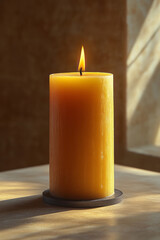 Poster - A flickering candle, isolated on a pastel cream background, capturing the warm glow of a cozy atmosphere,