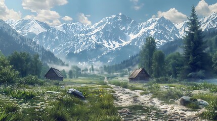 Poster - A serene landscape featuring mountains, a dirt path, and rustic houses amidst lush greenery and flowers.