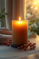 Poster - A flickering candle, isolated on a pastel cream background, capturing the warm glow of a cozy atmosphere,