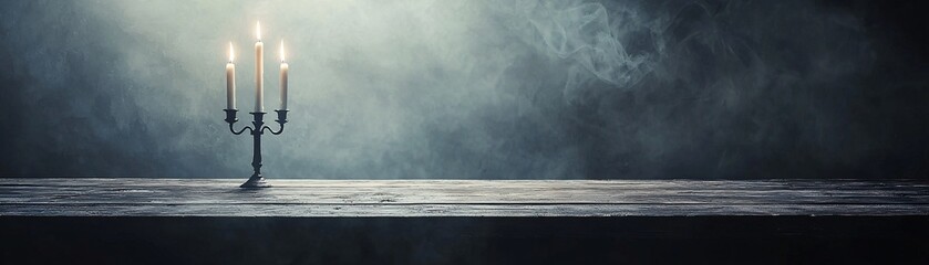 Poster - a gothic-style candelabra with flickering candles sits on a dark wooden table, surrounded by shadows