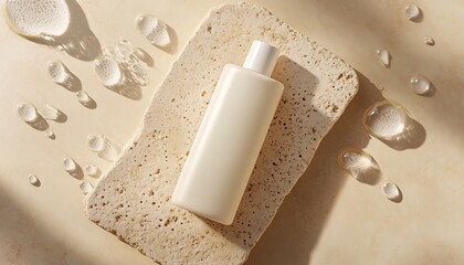 Wall Mural - Clean Beauty Skincare Concept with White Body Lotion Bottle on Light Brown Background Skincare Mockup