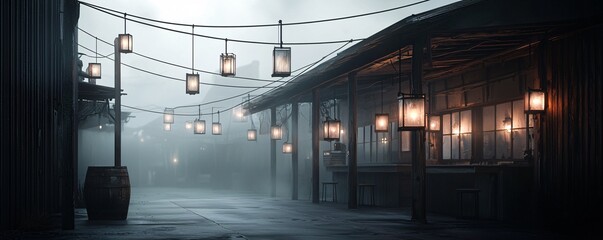Poster - a haunted saloon in a deserted wild west town, with flickering lanterns and ghostly silhouettes visi