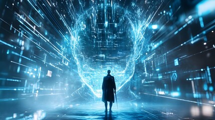 Poster - Person Standing in Front of a Digital Head in a Futuristic Scene.