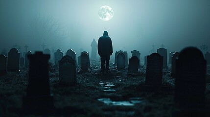 Poster - A dimly lit, fog-covered graveyard with vintage tombstones, a shadowy figure in the background, and an eerie full moon casting an ominous glow. The scene offers ample copy space for text or design