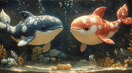 Poster - illustration of two cute baby whales swimming in the sea coral background