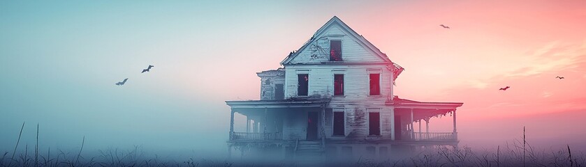 Poster - A creepy, abandoned Victorian mansion with broken windows and peeling paint, illuminated by a blood-red sunset. The scene is designed with plenty of copy space for text or other elements.