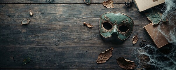 Poster - an antique halloween mask lying on a dusty wooden table, surrounded by vintage horror props like cob