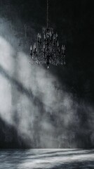 Poster - A vintage chandelier hangs from the ceiling of a dimly lit Gothic room, casting shadows on the ornate walls. The space is designed with significant copy space for text or branding.