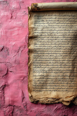 Poster - A royal decree written on parchment, isolated on a pastel pink background, capturing the communication of imperial orders,