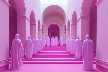 Poster - A court with nobles in attendance, isolated on a pastel lavender background, symbolizing the hierarchy and governance of an empire,