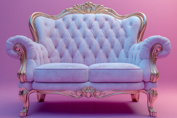 Poster - A grand throne with velvet cushions, isolated on a pastel purple background, capturing the seat of the monarch within the kingdom,