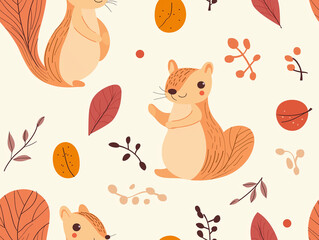 Canvas Print - Adorable seamless pattern featuring cute squirrels and autumn leaves. The warm color palette. playful design evoke a cozy, seasonal atmosphere, ideal for fall-themed decorations or children’s products