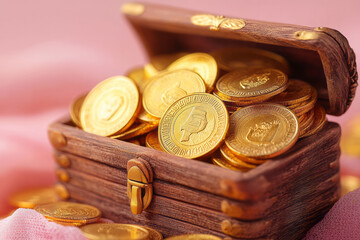 Aufkleber - A chest filled with gold coins, isolated on a pastel pink background, capturing the wealth and prosperity of a kingdom,