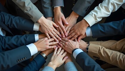 Sticker - Group, business people and hands in stack for teamwork, collaboration or diversity in workplace community. Crowd, above or solidarity at company office for staff commitment, together for support
