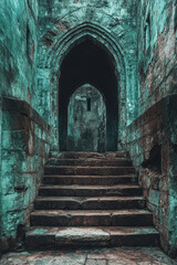 Poster - A medieval drawbridge, isolated on a pastel mint background, representing the entrance to a fortified castle,
