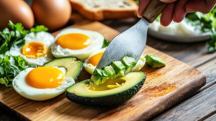 Wall Mural - a hand slicing an avocado for a nutritious breakfast, with toast and eggs nearby