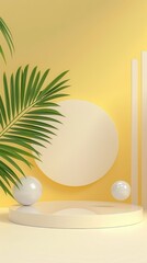 Poster - Under the soft glow of ambient lighting, a sleek yellow podium stands ready for presentation, surrounded by bold geometric shapes and tropical foliage, inviting creativity
