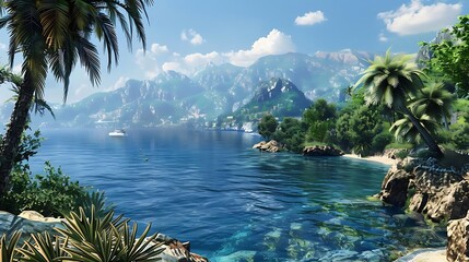 Poster - A serene coastal landscape featuring mountains, palm trees, and clear blue waters.